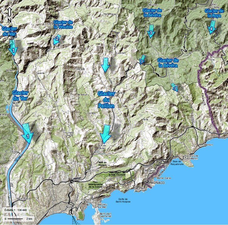 Carte de l'aire glaciaire étudiée dans les Alpes-Maritimes