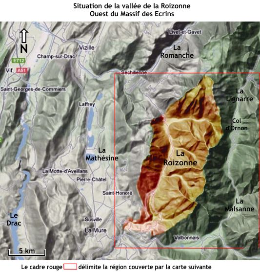 Situation de la vallée de la Roizonne, à l'ouest des Ecrins