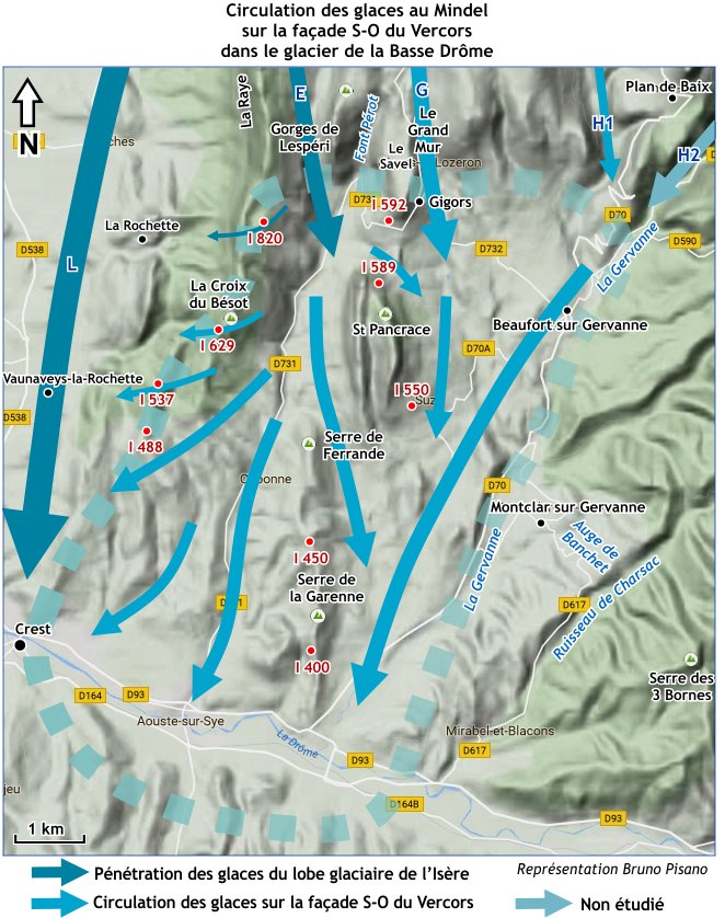 Circulation des glaces de la Basse Drôme au Mindel sur la façade SO du Vercors