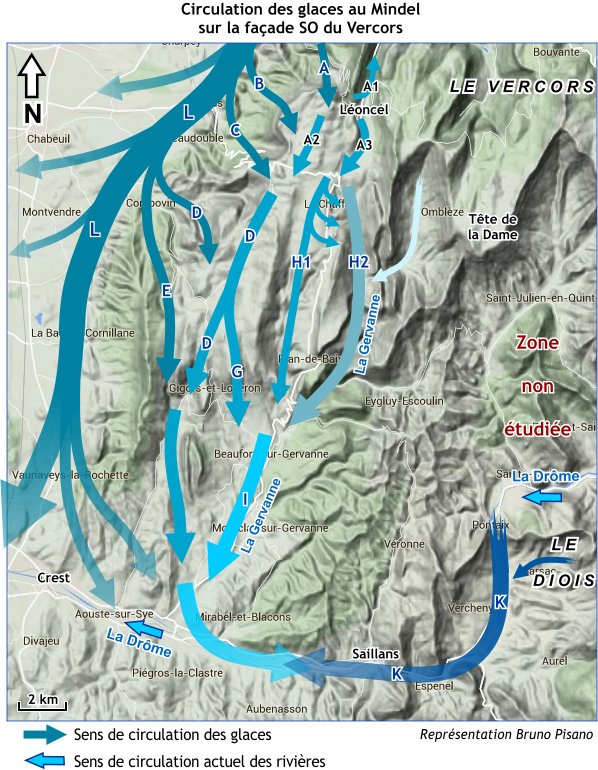 Circulation des glaces au Mindel sur la façade S-O du Vercors