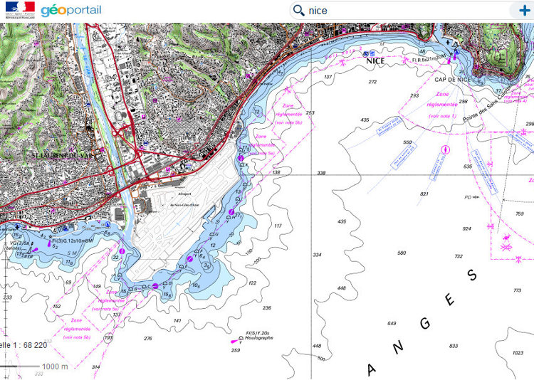 Carte littorale de Nice avec les profondeurs marines