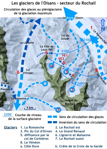 Circulation des glaces dans l'Oisans - secteur du Rochail