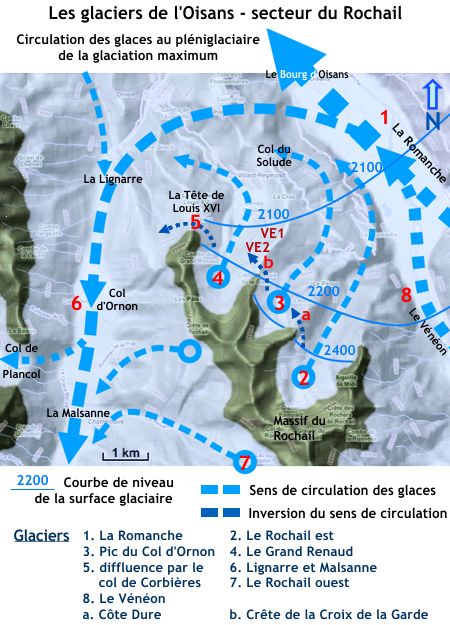Circulation des glaces dans l'Oisans - secteur du Rochail