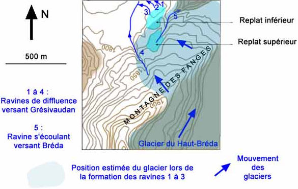 Carte des ravines du col de Merdaret