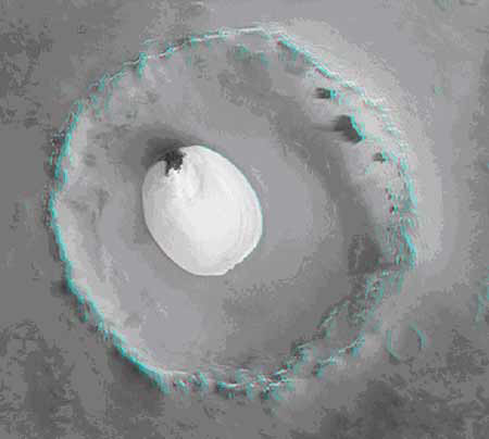 Vue anaglyphe d'un cratère d'impact dans Vastitas Borealis sur Mars